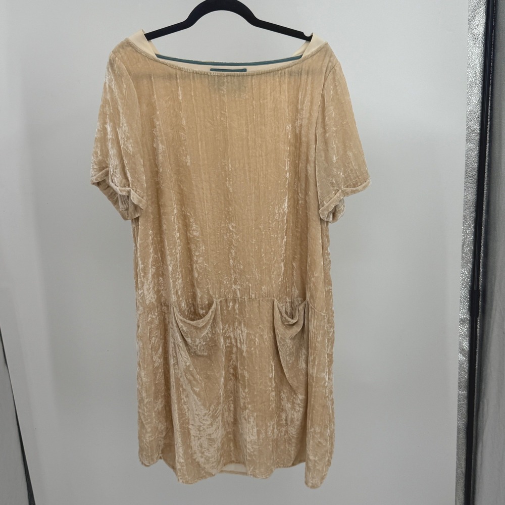 Anthropologie Floreat Champagne Crushed Velvet Shift Dress Pockets Gold Large